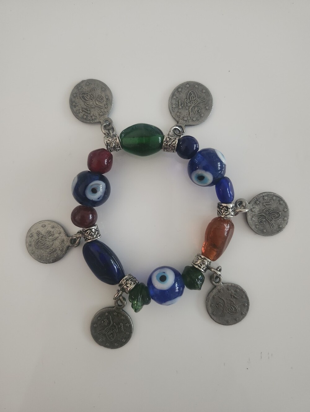 Vintage Handmade Gripoix Glass Evil Eye and Turkish Coin Bracelet
